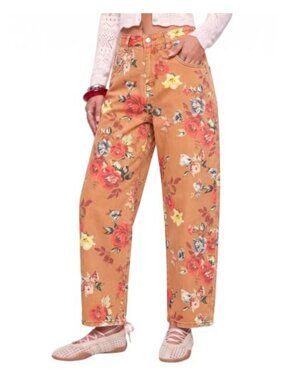 High Rise Barrel Leg Floral Print Stretch Denim Cropped Jeans